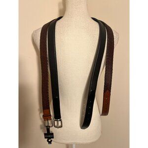 Set Of 2 Mens Sz 44 Belts: Woven Brown Manmade & Black leather w/ Metal Buckles